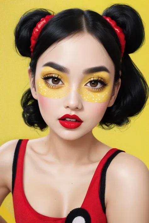 1girl is dressed and made-up in the style of a Roy Lichtenstein pop art cartoon. Her gown is polka-dotted, and her makeup features exaggerated dots, bright colors and speech bubbles. She has an animated, comic expression. The set is designed in the same style with benday dots, speech bubbles and "Pow!" graphics. The color palette is entirely retro dots - yellow, red and black.
(RAW photo, best quality),(realistic, photo-realistic:1.3), clean, masterpiece,finely detail,masterpiece,ultra-detailed,highres,(best illustration),(best shadow),intricate, bright light
