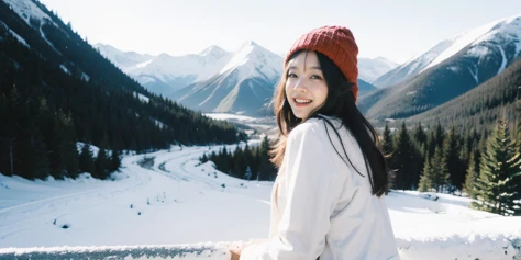 ,(8k, RAW photo, best quality, masterpiece:1.2),(realistic, photo-realistic:1.4),(extremely detailed CG unity 8k wallpaper),<lora:FilmVelvia2:0.6>,<lora:add_brightness:1>,full body,1girl,Snow Mountain,(white cotton-padded jacket:1.2),<lora:FilmVelvia2:0.1>,Laugh,LK,double braided,red hair,Knitted hat,<lora:InsPX2:0.5>,Scarf,Looking back,Depth of field,