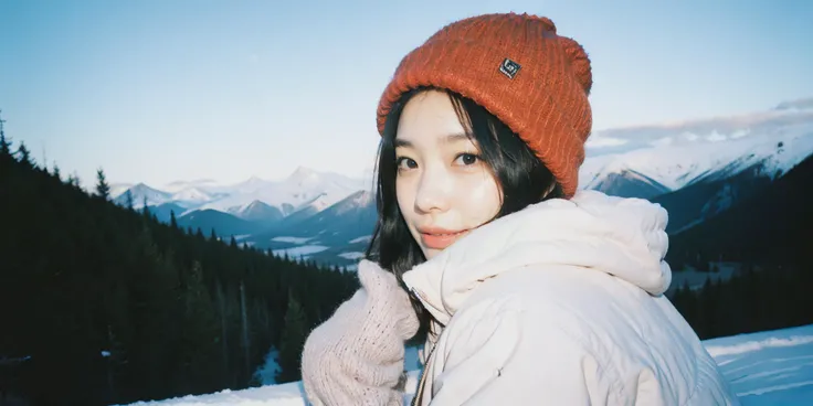 ,(8k, RAW photo, best quality, masterpiece:1.2),(realistic, photo-realistic:1.4),(extremely detailed CG unity 8k wallpaper),<lora:FilmVelvia2:0.6>,<lora:add_brightness:1>,full body,1girl,Snow Mountain,(white cotton-padded jacket:1.2),<lora:FilmVelvia2:0.1>,double braided,red hair,Knitted hat,<lora:InsPX2:0.5>,Scarf,Depth of field,Gloves,jump up,