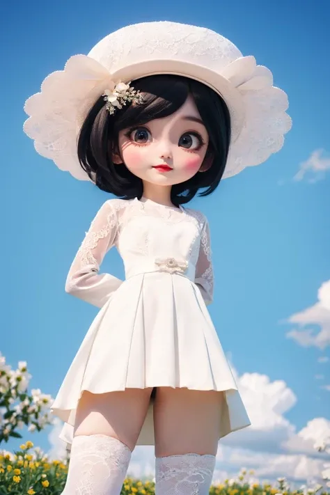 masterpiece, best quality, 8k, cinematic light, ultra high res, 1girl, chibi, wedding_dress, white thighhighs, hat, sky, cloud, flower, outdoors, <lora:chibi-v1:1>