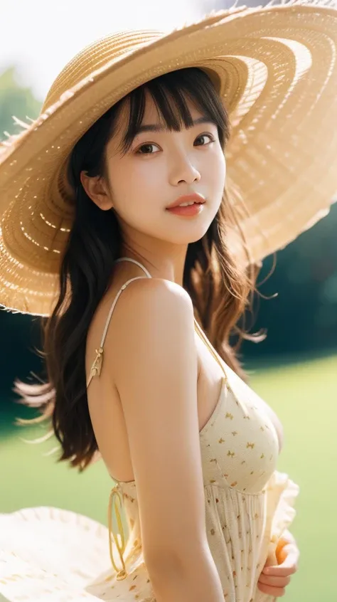 (8k, Top quality, Masterpiece:1.2), (Realistic, photo-realistic:1.37), Super detailed, perfect ???????, cute, small eyes, 18 years old, a Japanese, girl, dress, sand dunes, straw hat, large breast, half smile,