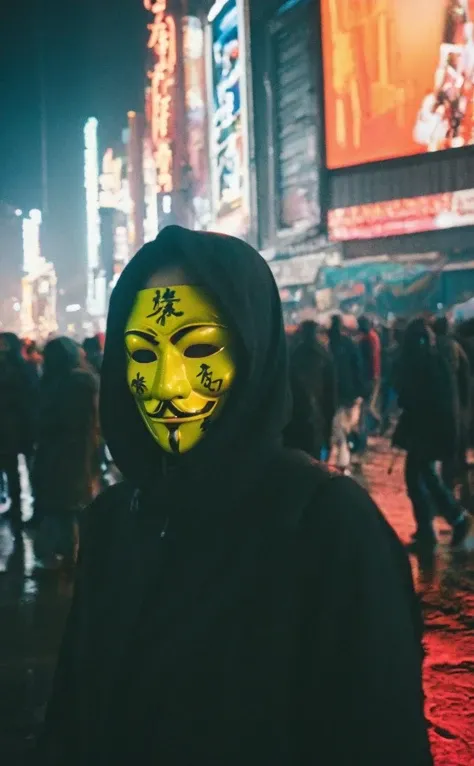 leogirl, realistic Documentary photography,
a busy metropolitan street under a leaden sky, the scene is lit by the harsh, cold light of towering neon billboards. In the crowd, a solitary figure stands still, face covered with a vividly painted mask of defiance. The stark contrast between the moving crowd and the motionless protester, the chilling isolation amidst the chaos, creates a striking scene full of rebellion, imagination, and a profound sense of shock.