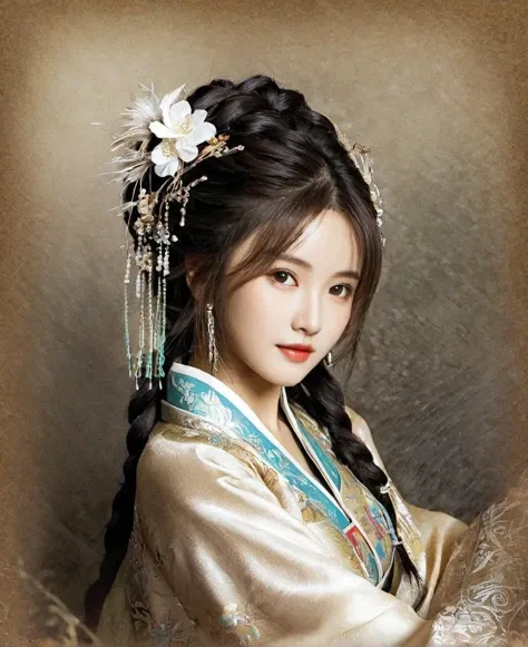 leogirl, best quality, masterpiece, ultra detailed, cowboy shot, flowing, 3dmm, ink sketch, color ink, ink rendering, rices paper, 
1girl, beautiful detailed eyes, (alternate hairstyle), ultra detailed hair, (graceful), (charming),  (delicate), (pretty), (cute), chinese clothing, beaming, 
character in the center of the frame, rhythm, fantasy, looking at viewer,  