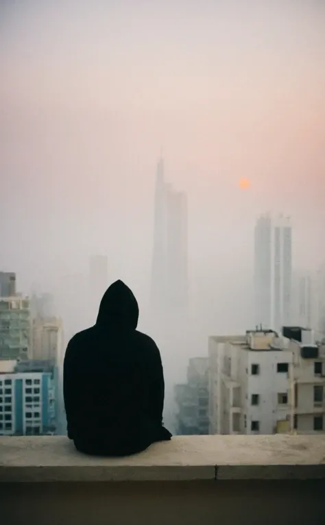 leogirl, realistic Documentary photography,
A young man dressed in a black hoodie sits on the edge of a rooftop, back facing the camera, gazing at the cityscape blanketed in fog. The fading sunlight casts an orange glow on the billowing clouds behind him. He appears deep in contemplation, perhaps wrestling with feelings of isolation and uncertainty about the future. The muted colors and his precarious position on the ledge evoke a sense of quiet rebellion against societal pressures.