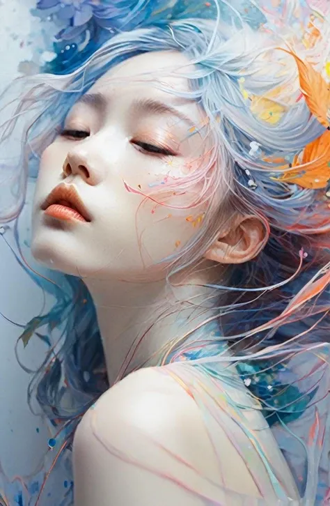 Miho Hirano,(Agnes Cecile:1.3), official art,unity 8k wallpaper,ultra detailed,beautiful and aesthetic,masterpiece,best quality, 1girl, (The most beautiful form of chaos:1.2),(Detailed details:1.2),Fauvist design,Flowing colors,Vivid colors,dynamic angle,