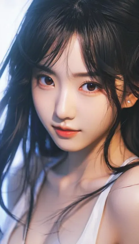anime artwork leogirl,cute 1girl,messy hair,long black hair,lip biting,seductive leaning forward detailed skin,detailed face cleavage,realistic,photorealistic studio light Artgerm,evil smile, . anime style, key visual, vibrant, studio anime, highly detailed