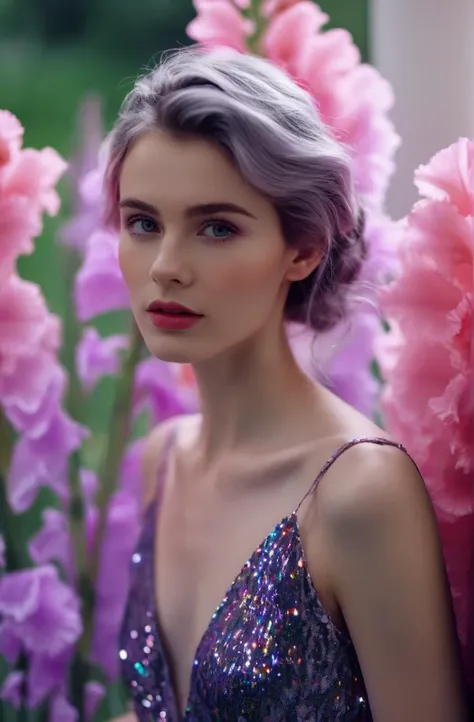cinematic photo prismatic fairy girl,in Gladiolus garden environment + bokeh + polychromatic hues + crisp + clear ,Alexander from Russia,gray  twist-out hair,leogirl . 35mm photograph, film, bokeh, professional, 4k, highly detailed