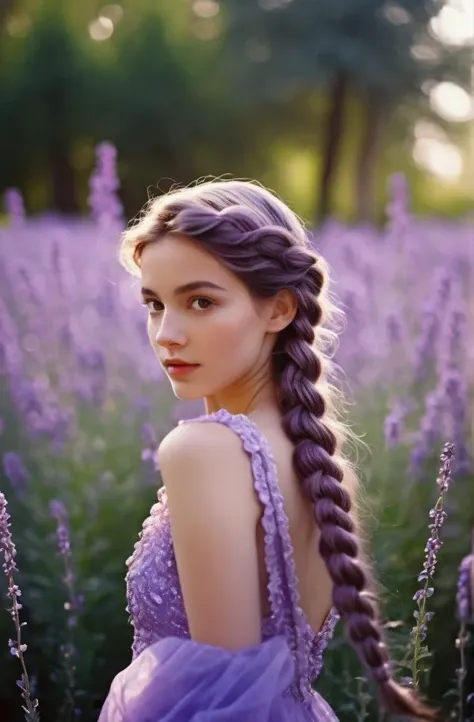 cinematic photo prismatic fairy girl,in Lavandula garden environment + bokeh + polychromatic hues + crisp + clear ,Sofia from Spain,titian fishtail braid hair,leogirl . 35mm photograph, film, bokeh, professional, 4k, highly detailed