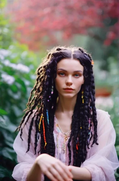 cinematic photo prismatic fairy girl,in Carthamus garden environment + bokeh + polychromatic hues + crisp + clear ,Nika from Russia,black  dreadlocks hair,leogirl . 35mm photograph, film, bokeh, professional, 4k, highly detailed