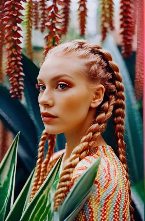 cinematic photo prismatic fairy girl,in Snake Plant garden environment + bokeh + polychromatic hues + crisp + clear ,Hanna from Denmark,strawberry blonde box braids hair,leogirl . 35mm photograph, film, bokeh, professional, 4k, highly detailed