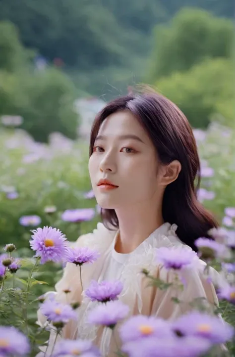 cinematic photo prismatic fairy girl,in Aster garden environment + bokeh + polychromatic hues + crisp + clear ,Jung Ji-Yeon from South Korea,white shag hair,leogirl . 35mm photograph, film, bokeh, professional, 4k, highly detailed
