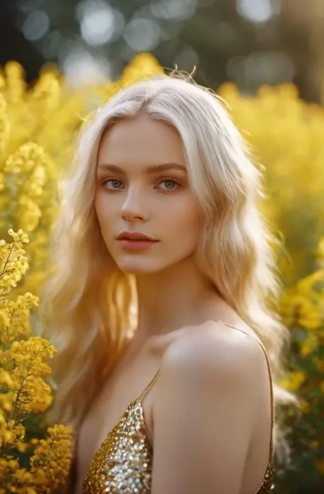 cinematic photo prismatic fairy girl,in Golden Rod garden environment + bokeh + polychromatic hues + crisp + clear ,Andrei from Romania,natural blonde lob hair,leogirl,(shiny realistic humid skin):1.5,nacreous . 35mm photograph, film, bokeh, professional, 4k, highly detailed