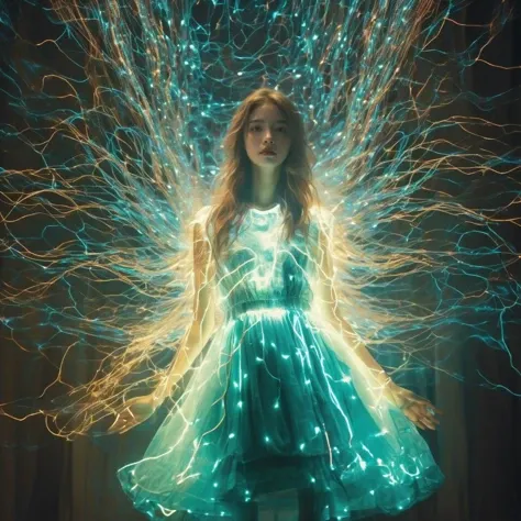 luminous, electric currents, lightning patterns, stripes, long hair, floating hair,  looking at viewer, Glowing electric current