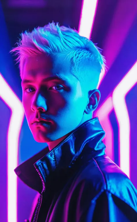 1boy,upper body,looking at viewer,short white hair,deep blue eyes,indoors,high-tech background,futuristic attire,neon blue lighting,cyberpunk theme,contemplative expression,