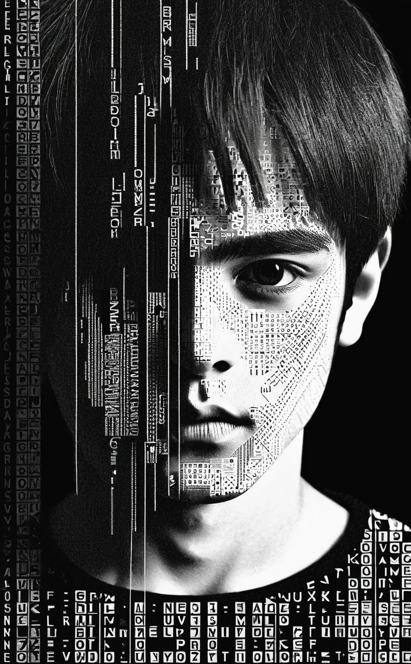 1boy,portrait composed of typographical elements,ASCII art aesthetic,monochrome,intricate details,creative use of letter shapes and negative space,high contrast,post-digital,