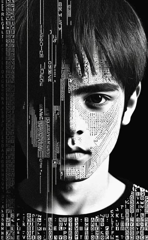1boy,portrait composed of typographical elements,ASCII art aesthetic,monochrome,intricate details,creative use of letter shapes and negative space,high contrast,post-digital,