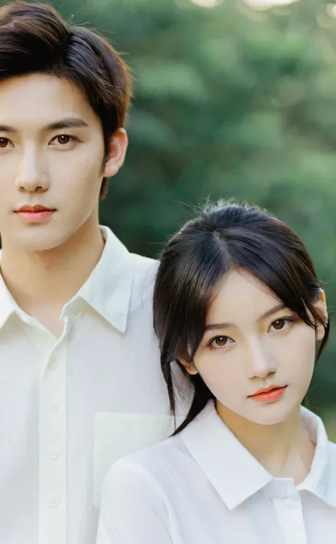 realistic, 1boy and 1girl, both with black hair and brown eyes, half body, outdoors, girl with popular korean makeup and boy with facial hair, both looking at viewer, girl in white shirt and boy in collared shirt, blurry background, refined editorial photograph