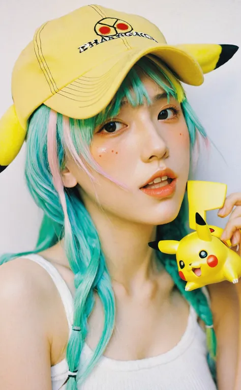 anime_artwork,grand_photograph,1girl with pikachu cap,ahegao,open mouth,from above,neon_glowing_hair,canon_5d_mark_4,neon_light,kodak_ektar,flamboyant,pastel_colors,curved_lines,elaborate_detail,art by j.c. leyendecker,nsfw,