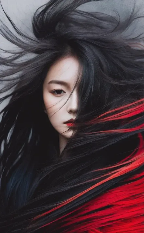 abstract female portrait, undefined hair, red and black color palette, blurred boundaries, upper body, fragmented visual style, evokes feelings of rebellion and passion