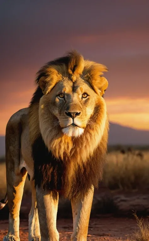 1animal,majestic lion,ultra-realistic,intense eyes,muscular,detailed fur,standing in a dramatic sunset,African savannah in background,depth of field,masterpiece,