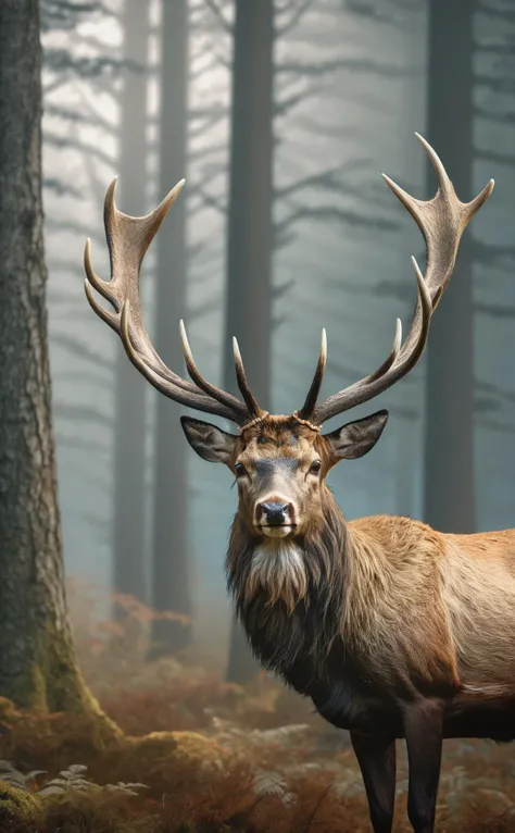 Portrait of a noble stag, majestic antlers, realistic fur, foggy forest background, early morning light filtering through trees, high detail, aesthetic, masterpiece, photorealistic, natural shadow