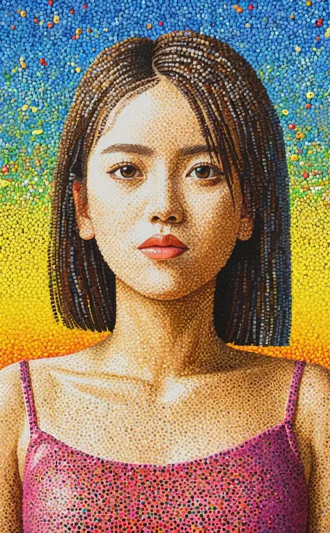 1girl, rendered in a pointillism style, composed entirely of emojis, vibrant colors, digital landscape background, pop culture clash with classical technique, ultra-detailed, post-modern