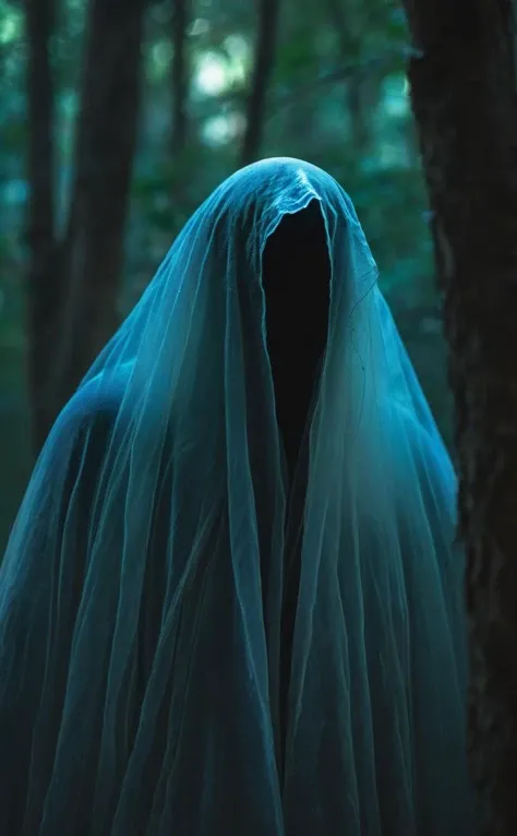 Upper body, realistic portrait of a spectral wraith, looking at viewer, ethereal glow, amidst a haunted forest, chilling aura, high resolution, depth of field, high-quality