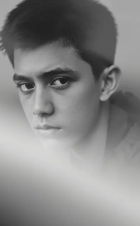 Abstract, realistic portrait of 1boy, looking at viewer, fragmented visual style, monochrome color palette, upper body, blurred boundaries, evoking feelings of introspection and solitude, high resolution, depth of field, aesthetic