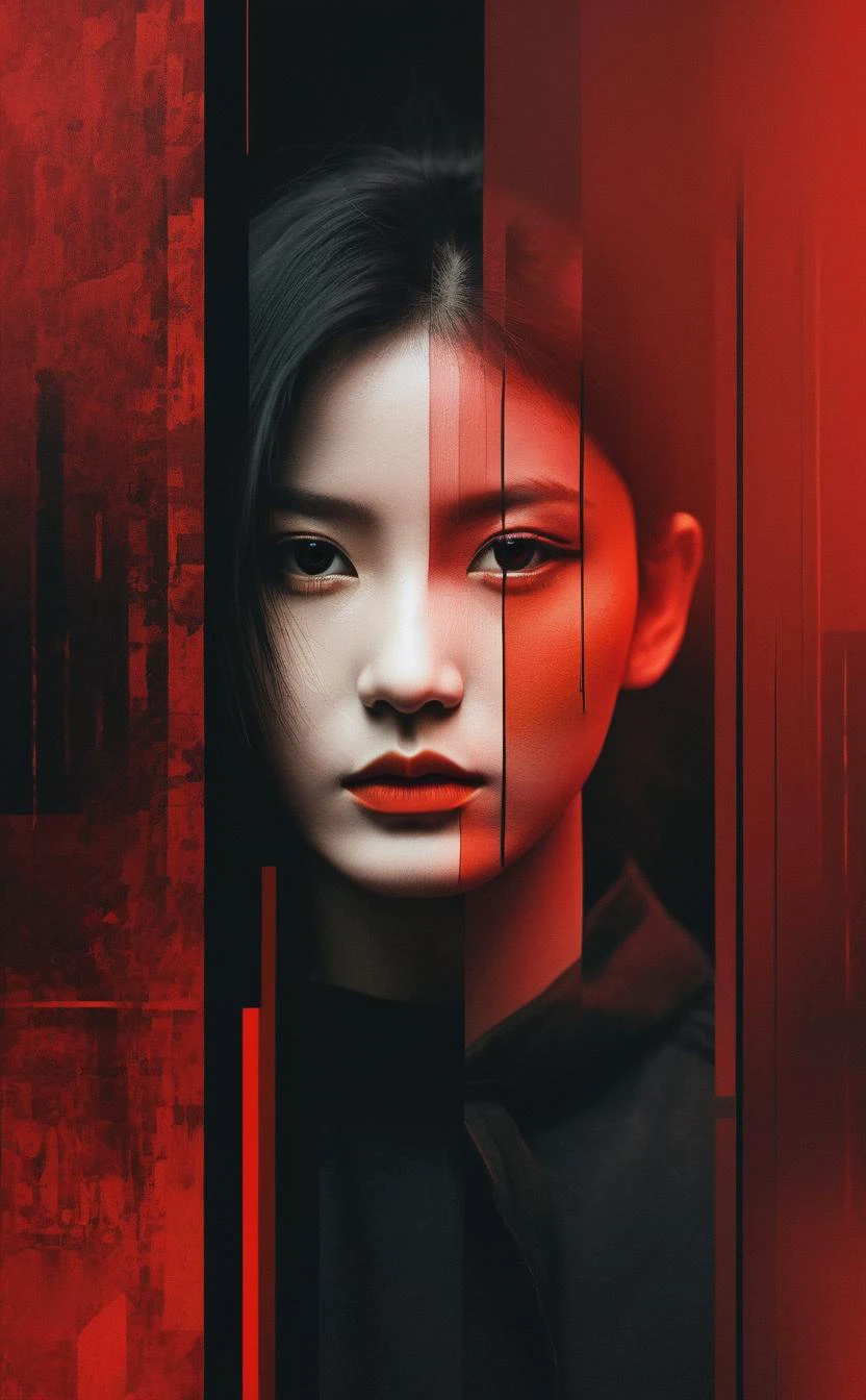 abstract portrait of 1girl,undefined gender,fragmented visual style,red and black color palette,evokes feelings of rebellion,passion,and freedom,blurred boundaries,high resolution,aesthetic,
