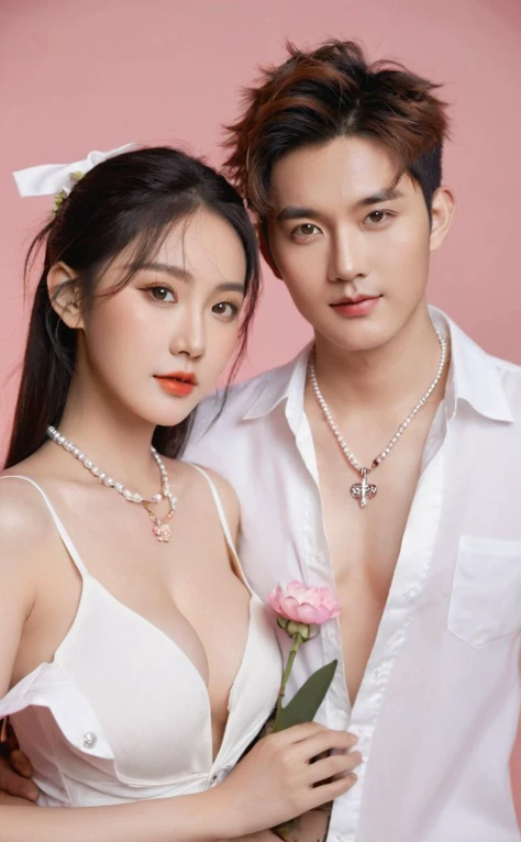 realistic,portrait of chinese young couple,half body,looking at viewer,cute 1girl in open v chest clothes and handsome 1boy in collared shirt,jewelry,flower,necklace,breasts,sexy art,refined editorial photograph,real photo,8k,sharp high-quality photo,love theme,romantic love theme,popular korean makeup,studio light,