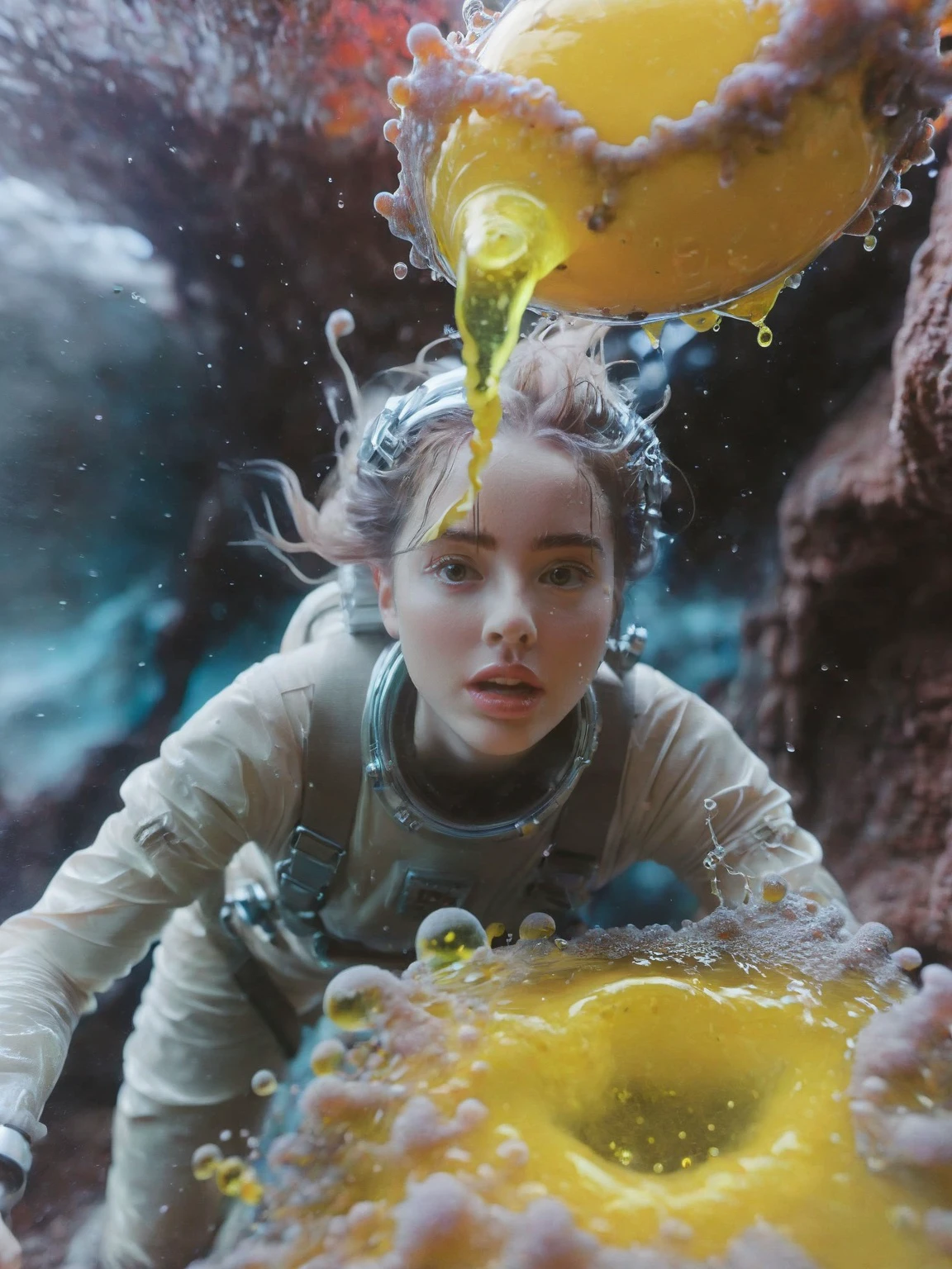 cinematic shot chrome clad princess falling into caustic slime seen from above, mid fall, sharp focus on expressive face, aerochrome yellowcake diatomic glass, from above shes falling backwards into darkness, corrugations of fungal lenses hug the form of her space suit, hair out like water she looks confused, abrupt, alone standing, looking at viewer, standing, <lora:SDXL_macro_Sa_May:1>