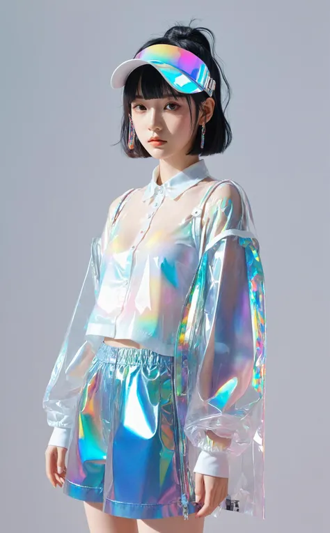 Transparent PVC clothing, Transparent colored vinyl garment, prismastic, holographic, Chromatic Aberration, Fashion Illustration, masterpiece, Harajuku fashion girls, Looking at the audience, 8K, Extremely detailed, Pixif