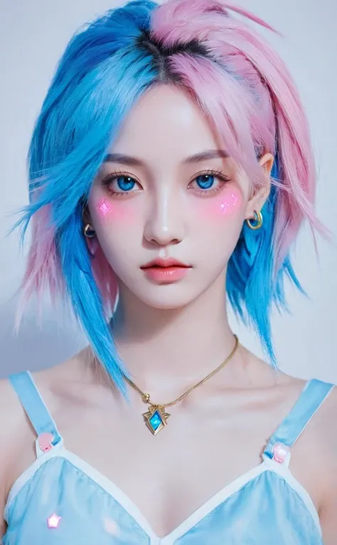 jinx,a light on a blue,faced k-pop girl,(masterpiece:1.2),hi-res,4k,extremely delicate and beautiful art,pastel color,jinx_/(league of legends/),pink eyes,blue hair,portrait,