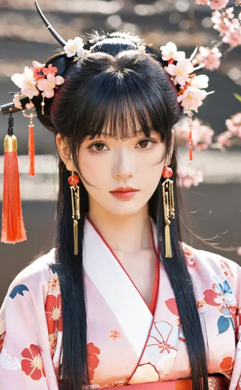 1girl,solo,looking at viewer,long hair,bangs,floral print,hair ornament,blush,jewelry,earrings,closed mouth,japanese clothes,black hair,kimono,tassel,upper body,red kimono,