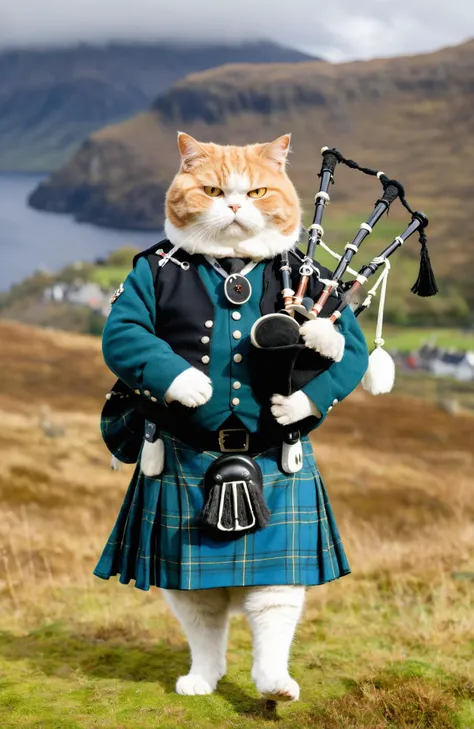((full body)),Fat cat in Scottish national costume,playing bagpipes,Scotland,action-packed background,