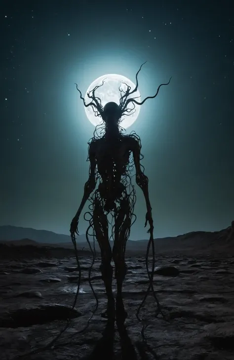 In a desolate,moonlit landscape,a lone figure emerges,their silhouette contorted and grotesque against the eerie glow. Closer inspection reveals a fusion of organic and mechanical elementsâsinister tendrils of pulsating flesh intertwining with cold,metallic structures. The figure's skin appears as if it's unraveling,revealing glimpses of something otherworldly beneath. The air is thick with an otherworldly hum,and a sickly,iridescent light emanates from the aberrant fusion. This image prompt invites exploration into the realm of body horror,prompting creative minds to unravel the unsettling narrative within this grotesque tableau,