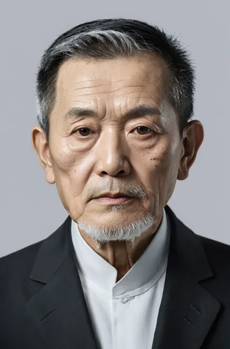 Realistic,Chinese old man portrait,upper body,short black hair,black eyes,indoors,white background,wearing a black suit,cool white lighting,looking at viewer,pale white beard,weathered facial wrinkles,