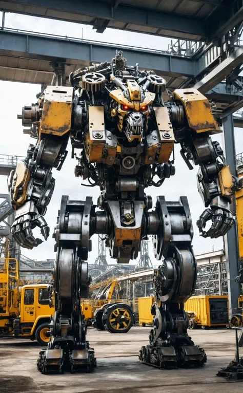 Mech Beast Unleashed,unmatched detail,rampaging mechanical beast,realistic hydraulics and gears,chaotic industrial background,looking at viewer,brave,audacious,thrilling | a rampaging mechanical beast,looking at the viewer with audacity,against a chaotic industrial backdrop,