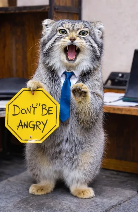 s4s the pallas's cat,<lora:s4sV1:0.7>,A standing groundhog,(With a "don't be angry" sign in his hand:1.5),with business suit,Open mouth and shout,masterpiece,best quality,8K,cute animal,at the office,