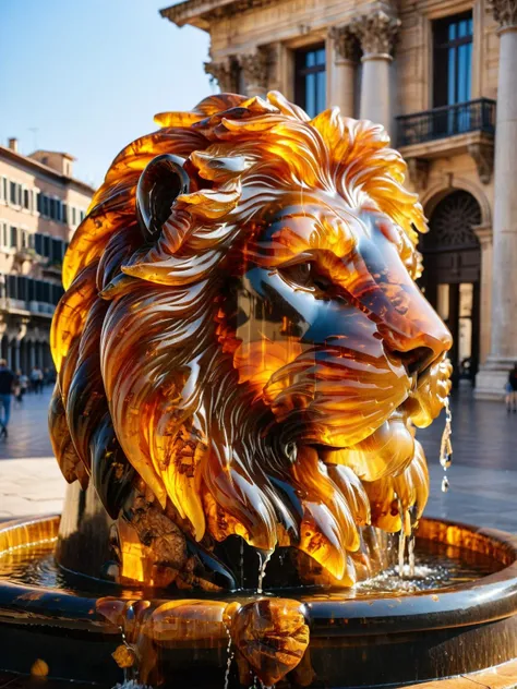 A majestic ral-amber lion's head fountain, water cascading down in a sunlit piazza, ancient buildings towering in the background, shot with a Panasonic Lumix DC-S1R for its lifelike detail <lora:ral-amber-sdxl:1> <lora:EnvyBetterHiresFixXL01:0:hr=1>