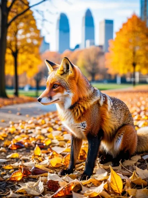 A ral-amber fox pausing in a vibrant city park, its coat blending with the fallen leaves, the urban skyline in soft focus behind, captured with a Pentax K-1 Mark II for its rich textures <lora:ral-amber-sdxl:0.9> <lora:EnvyBetterHiresFixXL01:0:hr=1>