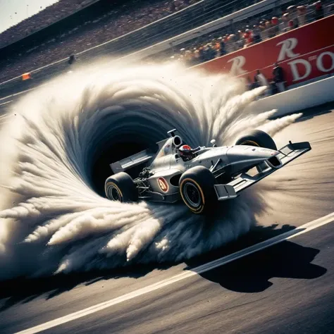 A vintage F1 car racing around the track, suddenly getting sucked into a ral-blackhole in the pit stop, mechanics and tires flying in, captured with high-speed photography for a dynamic freeze-frame <lora:ral-blackhole-sdxl:1> <lora:EnvyBetterHiresFixXL01:0:hr=1>