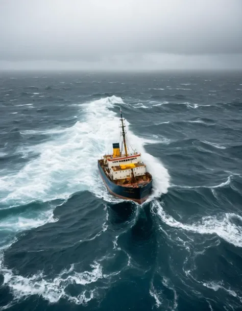 a ship in heavy sea, 35mm, 8k, UHD, masterpiece