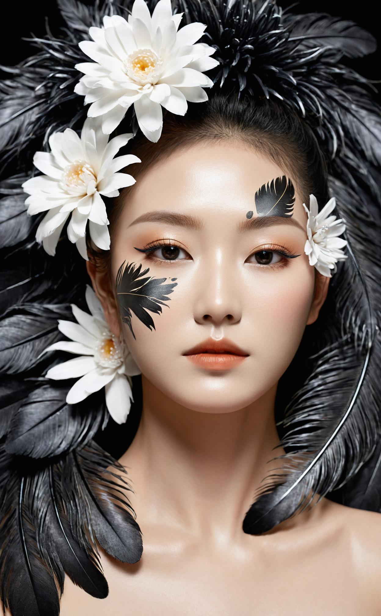 A close up of a woman with black feathers and flowers on her head ...