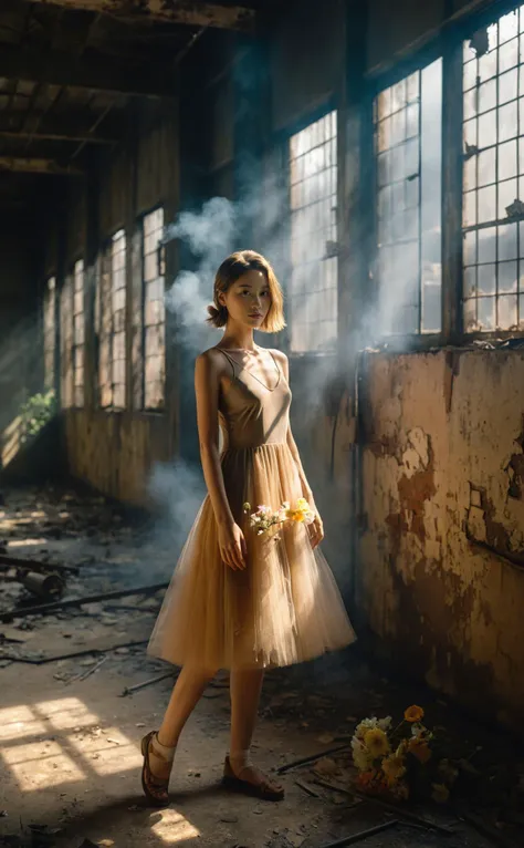 (best quality, masterpiece, photorealistic, realistic), 8K,tyndall effectï¼
(flowers on face), A european girl in a flesh-colored tight dress is standing in a dusty abandoned factory, light shining from the window, smoke around,Leica color, 35mm, Abandoned building, (Various dance moves:1.2)ï¼
(the style of photography:1.1), (japanese style fuji photography style:1.3), (real:1.1),forest,(in the dark:1.1), (deep shadow:1.2), (low key:1.3),(Tyndall effect:1.2)ï¼(full_body:1.7)