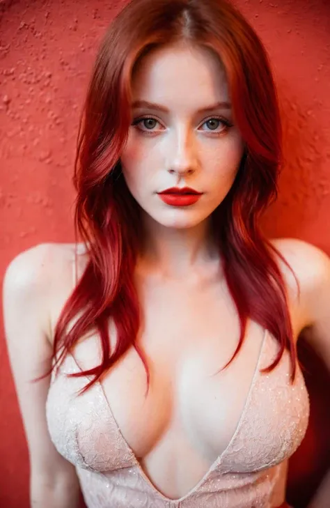 (masterpiece, high quality, fisheye:1.2), (close-up portrait:1.1), solo, model photoshoot, (red theme:1.1), a stylish girl, red hair, silver eyes, red lipstick, red eye shadow, blush, (freckles:0.7), (european, 22 years old:1.3), sexy, pure innocence, (light smile:0.8), whore vibe, in love, simple red dress, cleavage, detailed natural skin texture, seductive gaze, detailed lighting, (red:1.1) wall background, shallow depth of field, romantic setting, dreamy pastel palette, whimsical details, captured on film, nsfw, (intricate details:0.5)