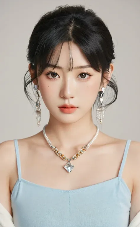 realistic,young Japanese idol 1girl portrait,upper body,black hair,indoors,looking at viewer,simple background,parted lips,jewelry including a necklace and earrings,popular Korean makeup,photorealistic,