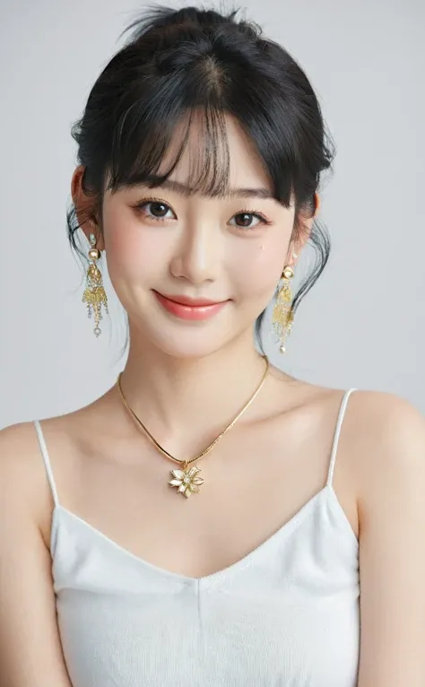realistic,young Japanese idol 1girl portrait,upper body,black hair,indoors,looking at viewer,simple background,happy smile,jewelry including a necklace and earrings,popular Korean makeup,photorealistic,