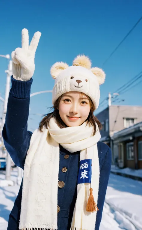 cute 1girl,Exaggerated perspective,upper body,wide angle POV shot,Give a "V" victory sign,foreshortening,on the Hokkaido city,realistic,highres,real photo,scarf,bear hat,flying snow,Mamiya photography,Sharp High-Quality Photo,girlfriend feel,solo,deep blue sky,chinese young actress,good memory,