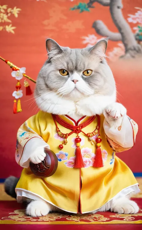 Fat cat in Chinese national costume,xianxia style,traditional silk dress,action-packed background,Sharp High-Quality Photo,upper body,Lucky Cat,